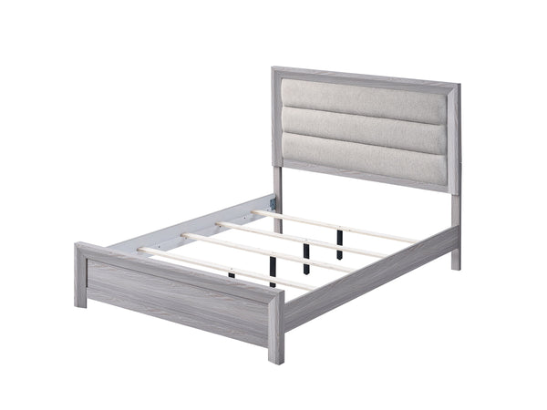  featuring a neutral drift wood finish that complements its clean and contemporary design. The robust bed frame anchors the room with a sense of sturdiness and style. Accompanying the bed ar