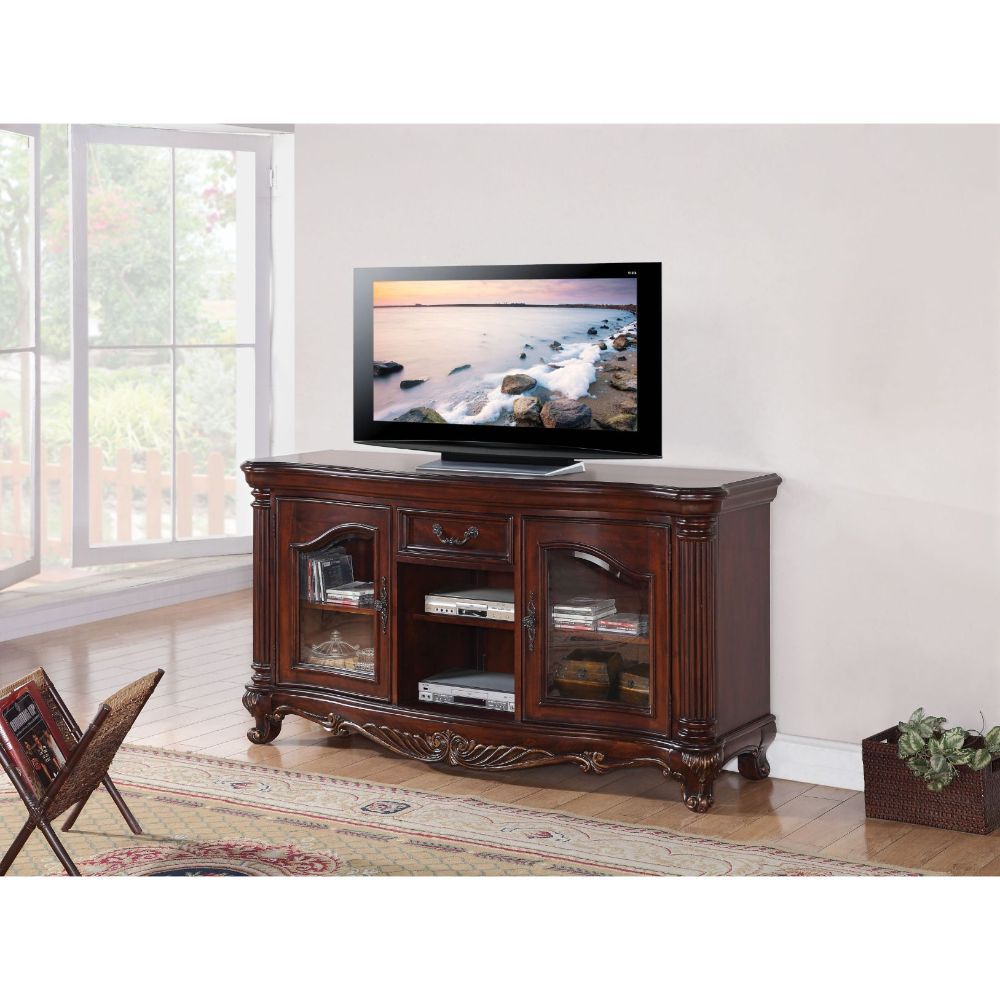 The Remington TV stand classic style will blend masterfully in your living room area. The storage feature offers plenty of space to keep your entertainment components: two glass doors, two media compartments, and one top drawer. Carefully constructed from