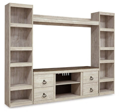 This entertainment center is the ultimate statement piece for your coastal cottage or shabby chic inspired retreat. Its whitewash finish is wonderfully easy on the eyes. Paired with the TV standâ€™s unique plank-style top, it-'s a driftwoody look that has