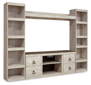 This entertainment center is the ultimate statement piece for your coastal cottage or shabby chic inspired retreat. Its whitewash finish is wonderfully easy on the eyes. Paired with the TV standâ€™s unique plank-style top, it-'s a driftwoody look that has