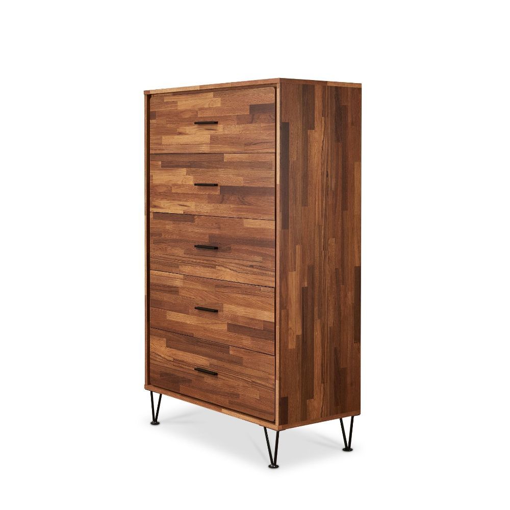 This beautiful Deoss chest of drawers boasts of contemporary style, five drawers with metal drawer handles. Crafted with multi shades of wood, the raw wood texture enhances this dresser-'s sleek style and the drawers provide plenty of storage space for cl