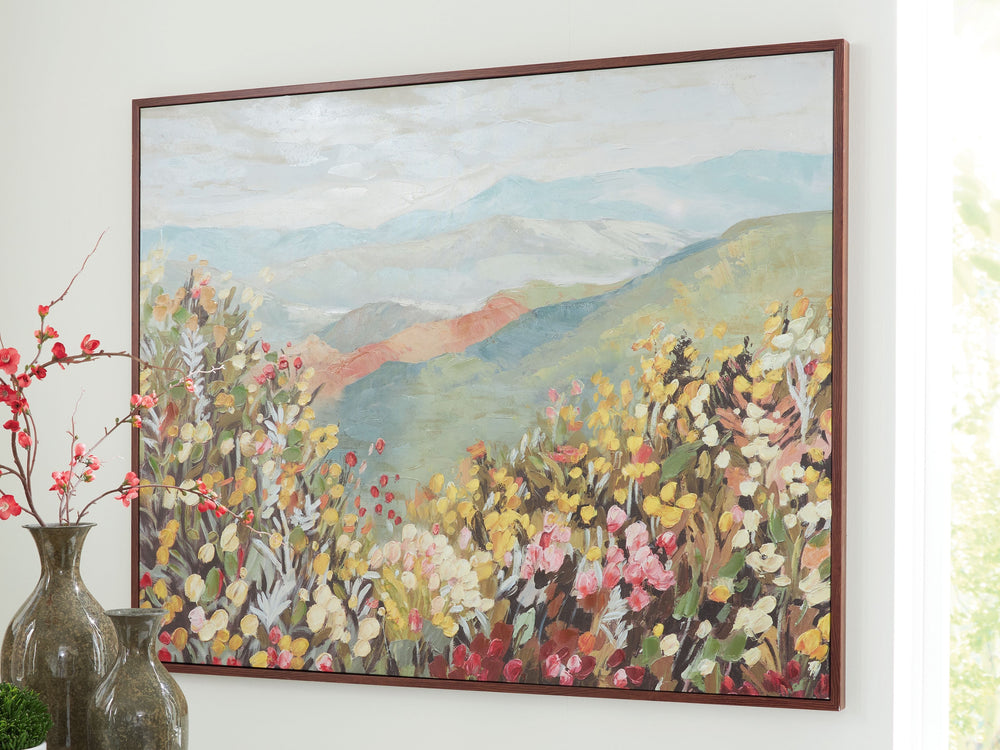 Frolic in a field of florals. This wall art showcases a landscape design bursting with color, bringing a lively feel to your decor. With rolling hills in the distance, it invites you in to explore its effortless beauty.<br/><br/><b>Product Features</b><ul