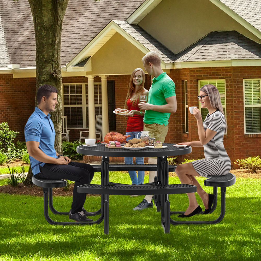 Thermoplastic coated metal mesh is rustproof and waterproof for lasting use<br>4 benches and large table offer roomy space for 4-8 people<br>Equipped with 1.65" umbrella hole and cross holder for fixation<br>Intensive grid facilitates drainage and ensures