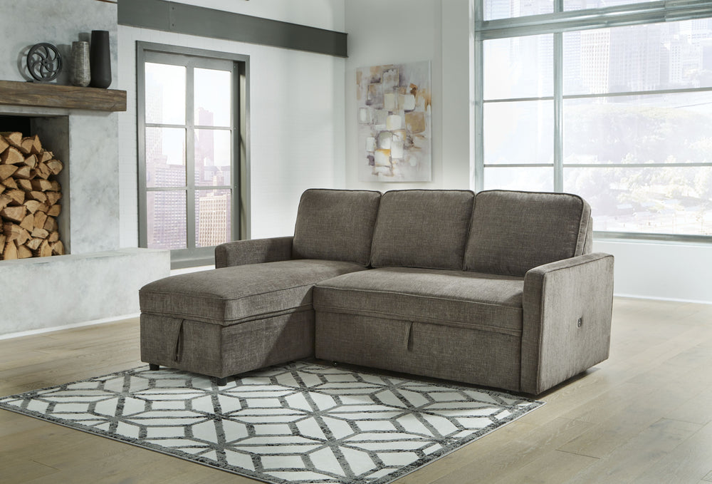 This sectional with pop up bed is an essential for small spaces and hosts with the most. The multifunctional piece is fashioned with dark gray upholstery that suits styles from transitional to modern. Its pop up bed provides extra sleeping space for guest