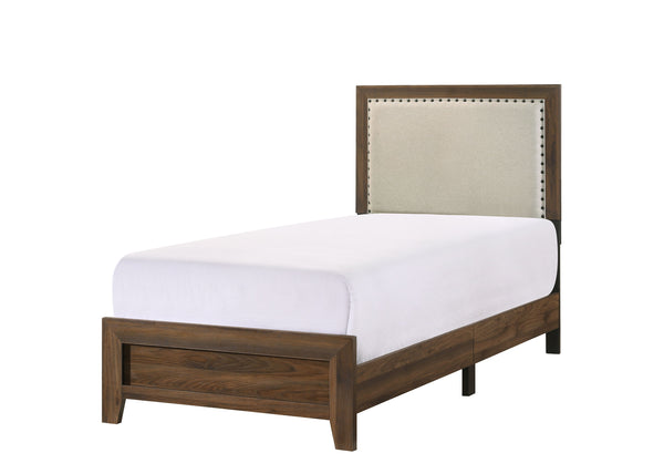 This bedroom set offers a minimalist design with a nod to rustic aesthetics, perfect for creating a serene and uncluttered space. The straightforward lines of the bed frame, combined with the upholstered headboard cushion, exude a sense of calm and comfor
