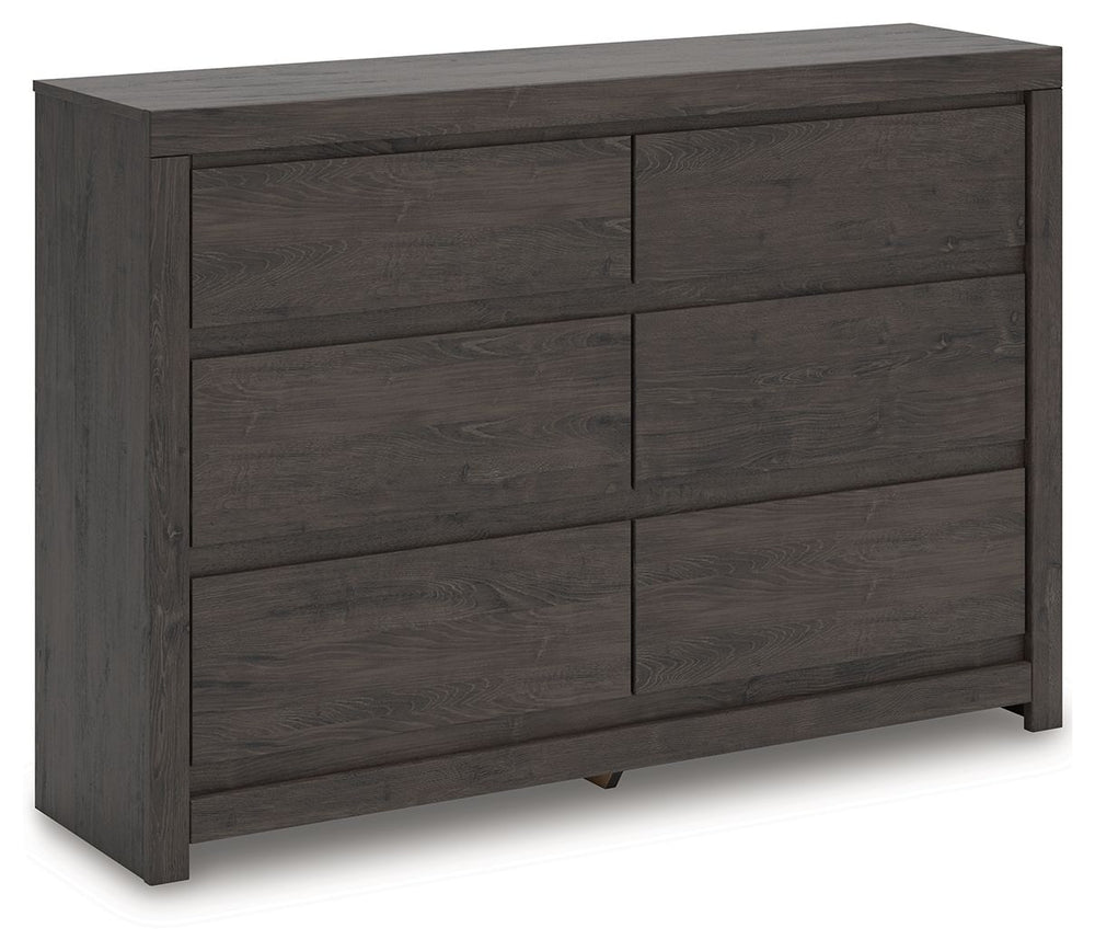 Find serene simplicity in the clean lines and dark neutral tones of this dresser. Itâ€™s a sincere approach to modern elegance, giving you high style at a great value. A sleek hardware-less design creates a fuss-free look. Short on storage? This dresserâ€