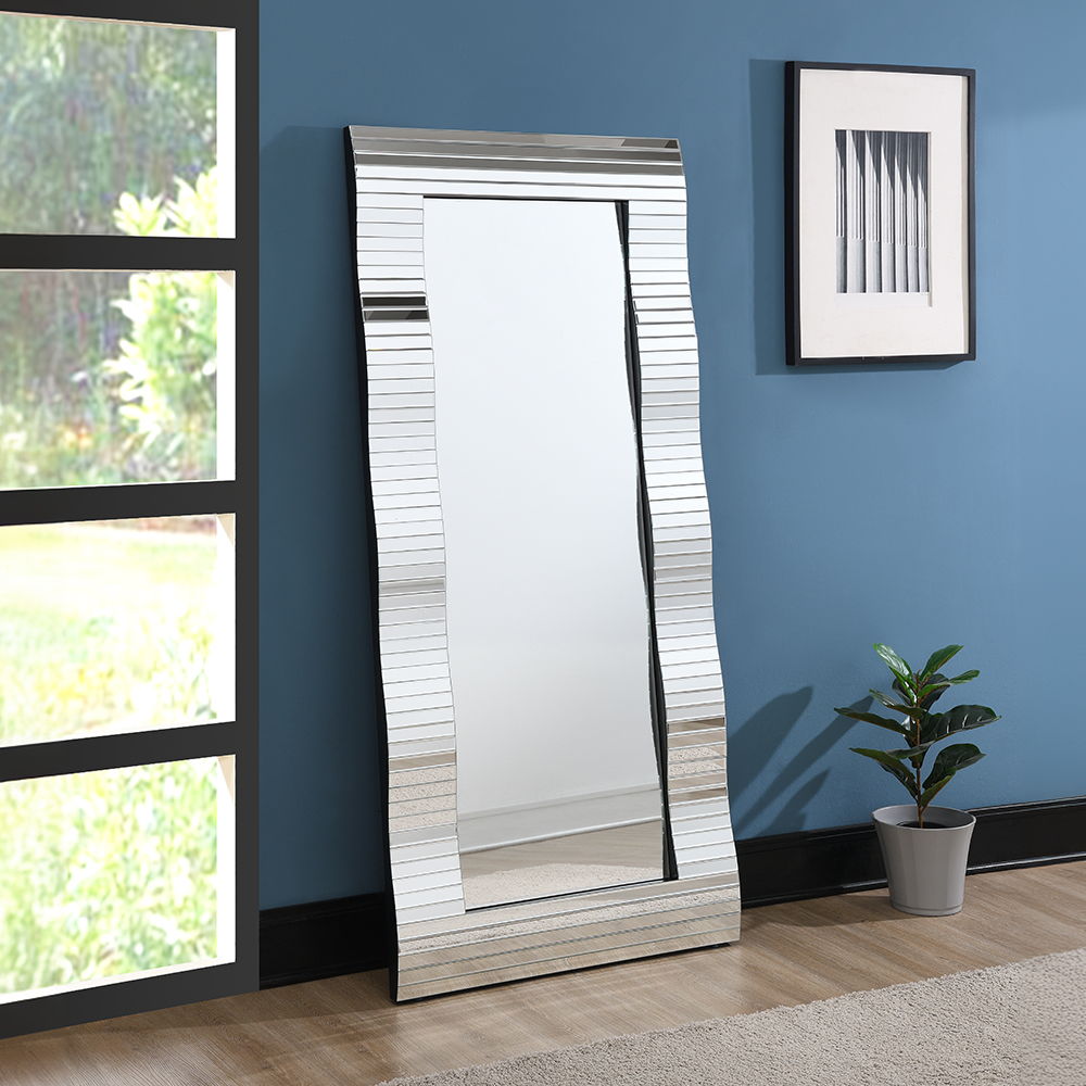Get the Dominic collection accent floor mirror to your living area with its stunning mosaic style frame. This full length mirror not only enhances the decor but also provides a practical reflection for any space. Its intricate design and reflective surfac