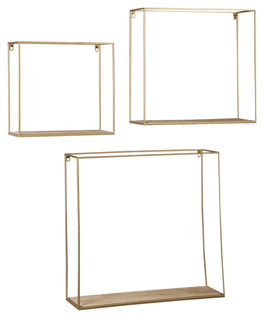This 3-piece wall shelf set creates multi-dimensional appeal on your wall. Its linear design is elevated with an unexpected fashion-forward combination of goldtone metal and natural wood. Varying sizes give you the freedom to showcase what you want, where