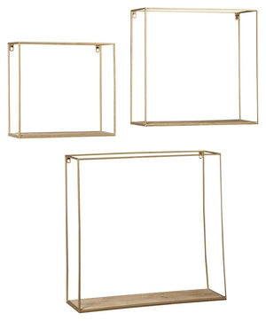 This 3-piece wall shelf set creates multi-dimensional appeal on your wall. Its linear design is elevated with an unexpected fashion-forward combination of goldtone metal and natural wood. Varying sizes give you the freedom to showcase what you want, where