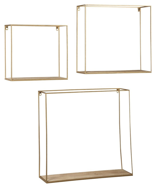 This 3-piece wall shelf set creates multi-dimensional appeal on your wall. Its linear design is elevated with an unexpected fashion-forward combination of goldtone metal and natural wood. Varying sizes give you the freedom to showcase what you want, where