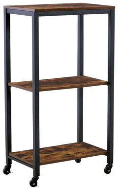 Impress your party guests in style with this bar cart. It features a sturdy design, with black metal rails and an antiqued brown wood finish on the three shelves for a relaxed feel. Smooth-gliding casters offer easy mobility.<br><br><b>Additional Dimensio