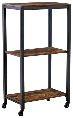 Impress your party guests in style with this bar cart. It features a sturdy design, with black metal rails and an antiqued brown wood finish on the three shelves for a relaxed feel. Smooth-gliding casters offer easy mobility.<br><br><b>Additional Dimensio