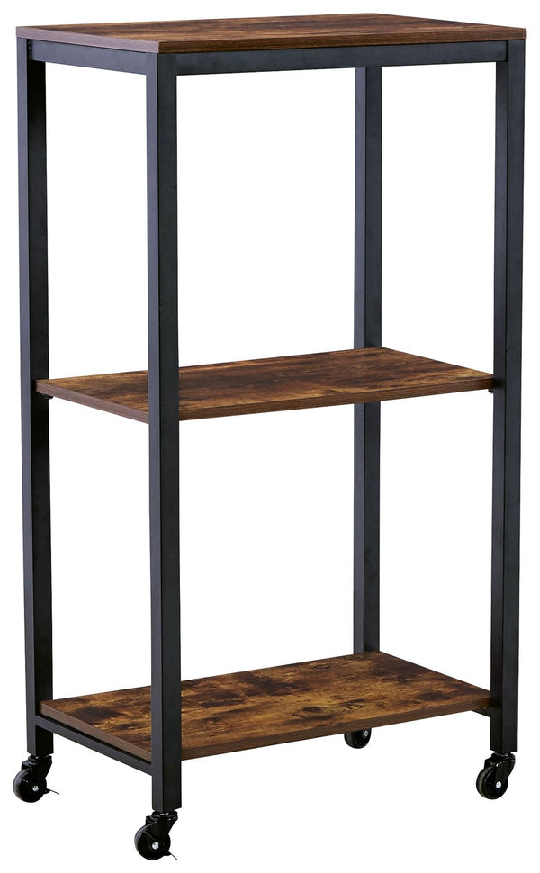 Impress your party guests in style with this bar cart. It features a sturdy design, with black metal rails and an antiqued brown wood finish on the three shelves for a relaxed feel. Smooth-gliding casters offer easy mobility.<br><br><b>Additional Dimensio