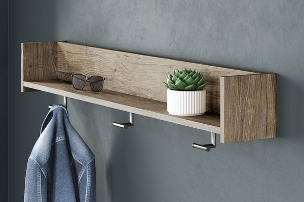  light finish with replicated oak grain is accented with three brushed nickel-tone hooks for ha
