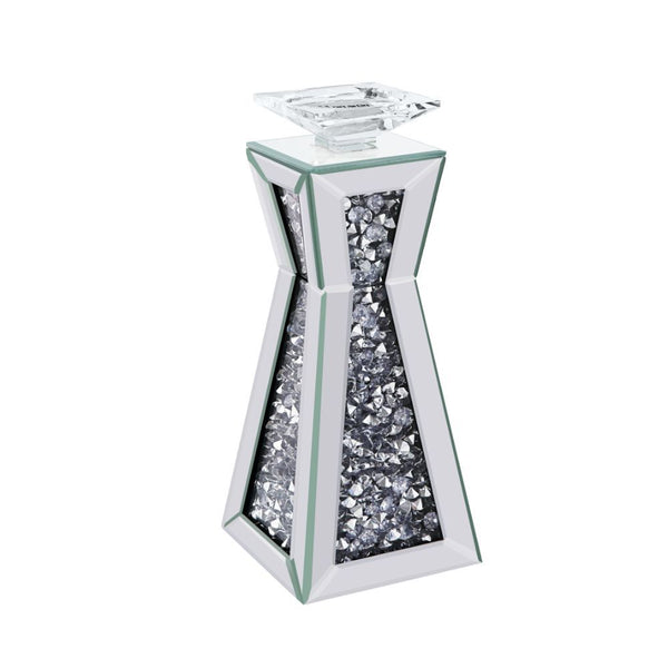 Strut your style with this beautiful and elegant Nowles candleholder collection. With a beautifully crafted mirrored frame and faux gem inlay, it is sure to compliment any arrangement. Available in two different sizes, light it up and be dazzled by the gl