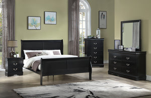 Elevate your sanctuary with this timeless bedroom collection that exudes classic charm with a modern twist. Each piece is bathed in a sharp, black finish that brings a rich and elegant feel to any space. The bed anchors the room with its gracefully curved