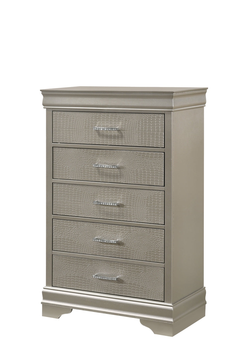 This bedroom set embodies a refined elegance with its soft silver hue and luxurious textures, perfect for creating a serene and sophisticated sanctuary. The centerpiece is a sumptuous bed framed by a headboard with diamond-tufted detailing, offering a tou