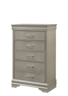 This bedroom set embodies a refined elegance with its soft silver hue and luxurious textures, perfect for creating a serene and sophisticated sanctuary. The centerpiece is a sumptuous bed framed by a headboard with diamond-tufted detailing, offering a tou