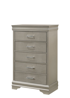 This bedroom set embodies a refined elegance with its soft silver hue and luxurious textures, perfect for creating a serene and sophisticated sanctuary. The centerpiece is a sumptuous bed framed by a headboard with diamond-tufted detailing, offering a tou