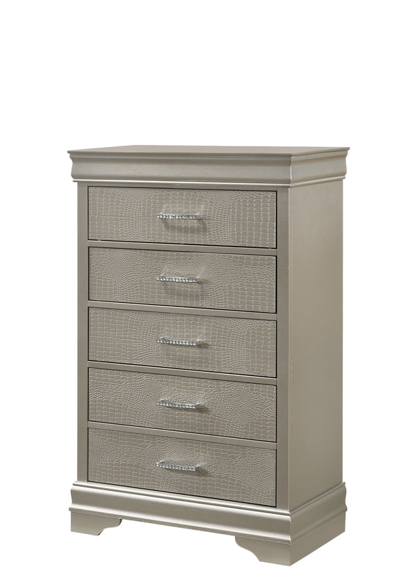 This bedroom set embodies a refined elegance with its soft silver hue and luxurious textures, perfect for creating a serene and sophisticated sanctuary. The centerpiece is a sumptuous bed framed by a headboard with diamond-tufted detailing, offering a tou