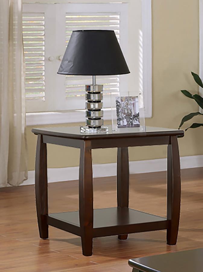 This square end table offers a refined design crafted from hardwood and engineered wood, featuring a birch and basswood veneer. The rich cappuccino finish elevates its sleek appearance, making it a perfect complement to any living room. Its lower shelf pr