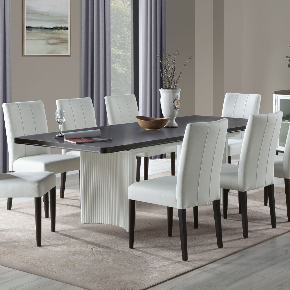 The Carena dining set exudes timeless elegance with its white and brown finish. The rectangular dining table features an extension top, perfect for hosting larger gatherings. Paired with stylish side chairs and a matching server, this set combines form an