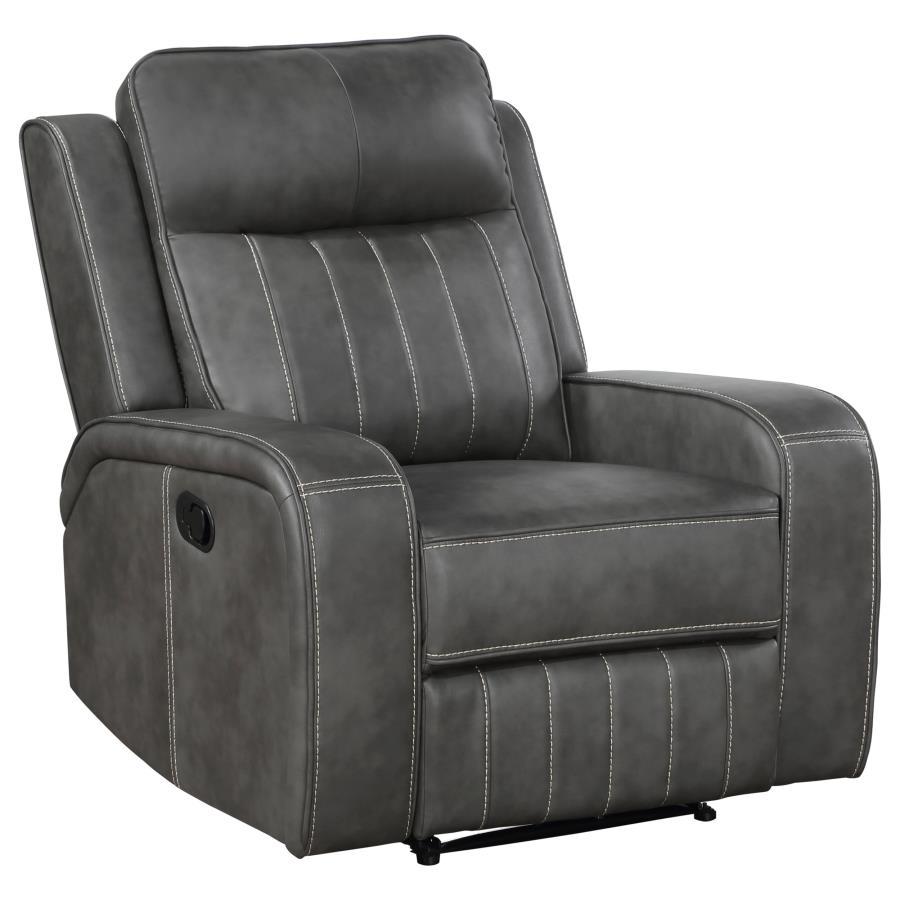 Merging the classic style of both contemporary and transitional design schemes, the recliner creates a dreamy venue for relaxing. The trending look of smooth grey leatherette upholstery with vertical topstitching delivers decorative elements and a dimensi