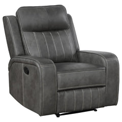 Merging the classic style of both contemporary and transitional design schemes, the recliner creates a dreamy venue for relaxing. The trending look of smooth grey leatherette upholstery with vertical topstitching delivers decorative elements and a dimensi