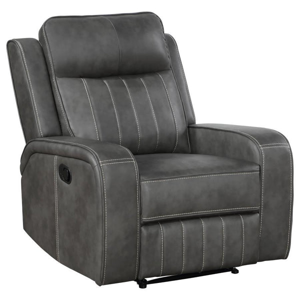 Merging the classic style of both contemporary and transitional design schemes, the recliner creates a dreamy venue for relaxing. The trending look of smooth grey leatherette upholstery with vertical topstitching delivers decorative elements and a dimensi