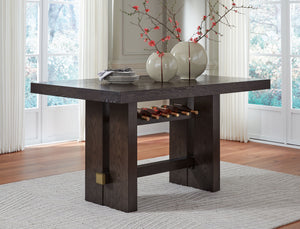  this counter height dining table offers a high-design look at a down-to-earth price. Ultra-sleek lines are accentuated with a dark waxy brown oak-tone finish thatâ€™s so easy on the eyes. A thick tabletop and a pedestal base with integr