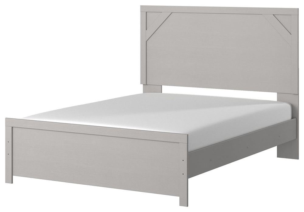 Cool, clean and casually modern. This queen panel bedâ€™s wispy dove gray finish sets the tone for your calming sanctuary. Framed elements and cross-brace accents add dimension and authenticity to the bedâ€™s simply stunning profile. <h4><b>Cottonburg - L