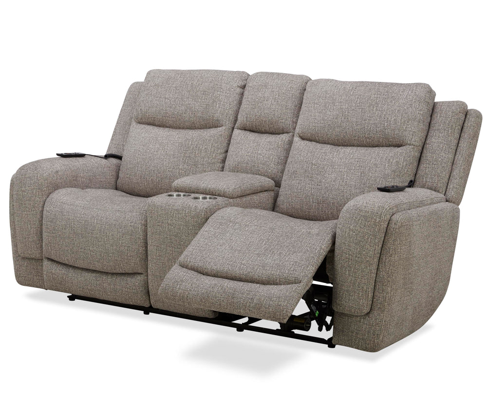 Penfield offers a remote control for a zero-gravity recline, power headrest, lumbar support, and heat and massage features for added relaxation. Made from durable and soft 100% polyester fabric, the Penfield has stylish two-tiered track arms.The loveseat 