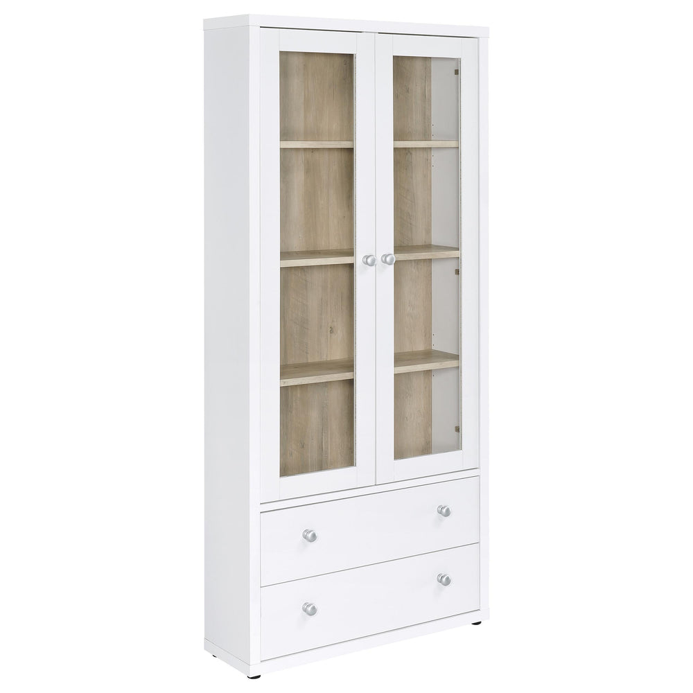 Glass doors are a key feature on a modern accent cabinet that blends into a variety of decors and living spaces. Providing four shelves for showing off everything from glassware to travel souvenirs, the cabinet features wood framed glass doors. They open 