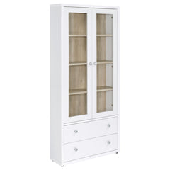 Glass doors are a key feature on a modern accent cabinet that blends into a variety of decors and living spaces. Providing four shelves for showing off everything from glassware to travel souvenirs, the cabinet features wood framed glass doors. They open 