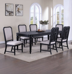 Elevate your dining experience with this elegantly crafted dining set, where traditional design meets modern sensibilities. The centerpiece, a rich black-finished table, stands on fluted legs, exuding an aura of sophistication and grandeur. Paired with ma