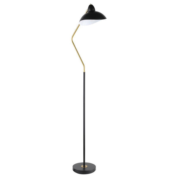 A contemporary floor lamp takes a classic mid-century inspired profile and updates it with modern flair. In black and gold, the lamp boasts a slim post with a V-curved arm that ensures bright downlighting perfect for an armchair or desk. A black metal sha