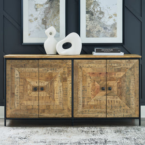  this accent cabinet makes a dramatic backdrop for entertaining. Its square patterned door fronts boast a saw mark effect