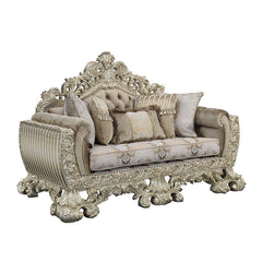 Leave your guests speechless when they enter your living room with the Sorina sofa. The stunning gold outer frame is flawlessly paired with the crystal-like button tufting to create a rich look. The damask upholstered seat cushion perfectly complements th