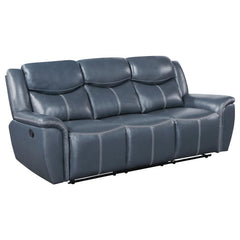 Whisk away to a world of comfort with this plush three-seater reclining sofa, where convenience meets modern luxury. The central armrest unfolds to reveal a sleek drop-down console, complete with gleaming stainless steel cup holders and a hidden pop-up po