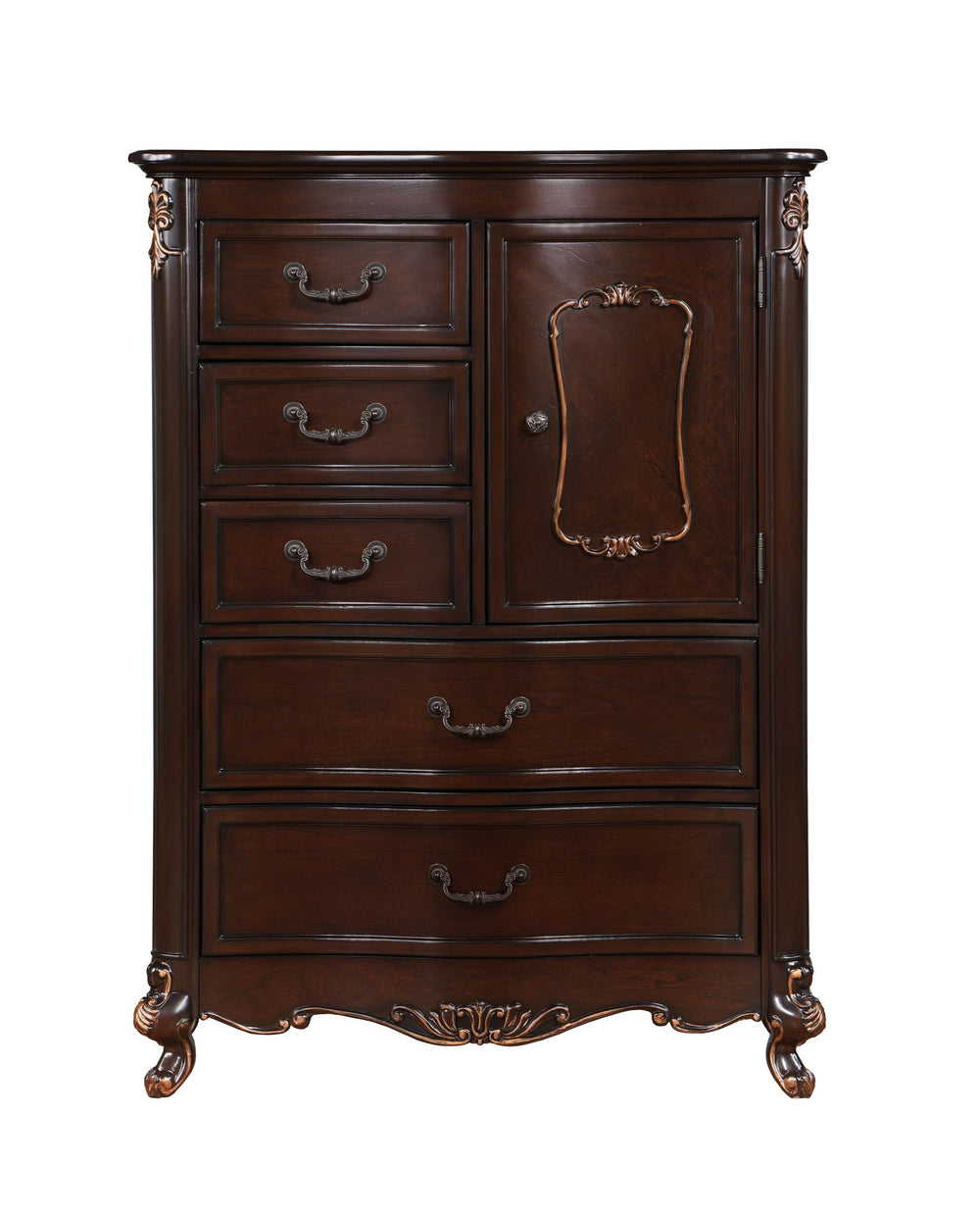 The Constantine Five Drawer Chest by Royal Classics is a masterful blend of elegance and functionality. This vertical chest, finished in rich Cherry, is crafted from a blend of Solid Pine and Fancy Face Birch Veneers, ensuring heirloom quality and endurin