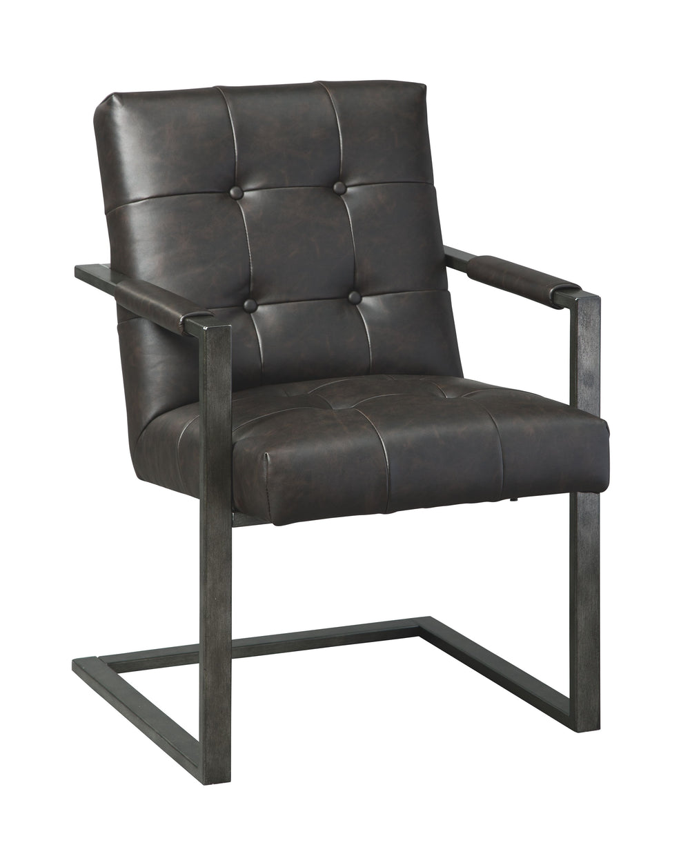 For fans of urban industrial design, this chair steals the show. Its metal C-frame in a blackened gunmetal finish is sleek, sculptural and ultra modern. Crafted for looks and comfort, the tufted box seat, wrapped in a â€œweatheredâ€ faux leather upholste