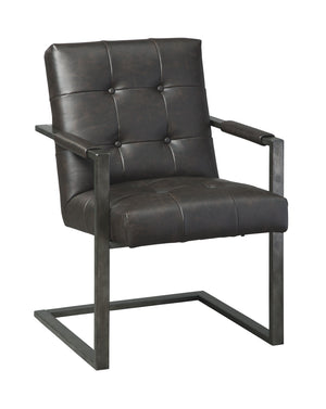 For fans of urban industrial design, this chair steals the show. Its metal C-frame in a blackened gunmetal finish is sleek, sculptural and ultra modern. Crafted for looks and comfort, the tufted box seat, wrapped in a â€œweatheredâ€ faux leather upholste