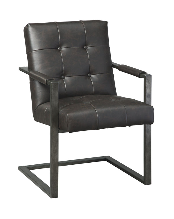 For fans of urban industrial design, this chair steals the show. Its metal C-frame in a blackened gunmetal finish is sleek, sculptural and ultra modern. Crafted for looks and comfort, the tufted box seat, wrapped in a â€œweatheredâ€ faux leather upholste