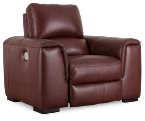 Impressive in scale while keeping an air of refinement, this power recliner stuns with a combination of soft, supple leather and perfectly matched faux leather upholstery in garnet. Sink into the seating area and cater to your comfort with one-touch power
