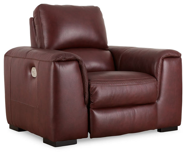 Impressive in scale while keeping an air of refinement, this power recliner stuns with a combination of soft, supple leather and perfectly matched faux leather upholstery in garnet. Sink into the seating area and cater to your comfort with one-touch power