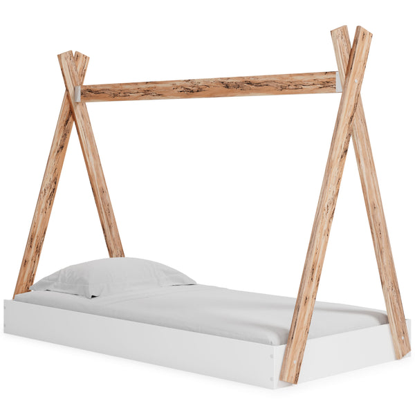 Adventure awaits with this twin tent complete bed in a box. The effortless blend of contemporary and casual styles creates an expressive two-tone look in matte white and replicated sugarberry wood grain pattern. This complete bed in a box requires no addi