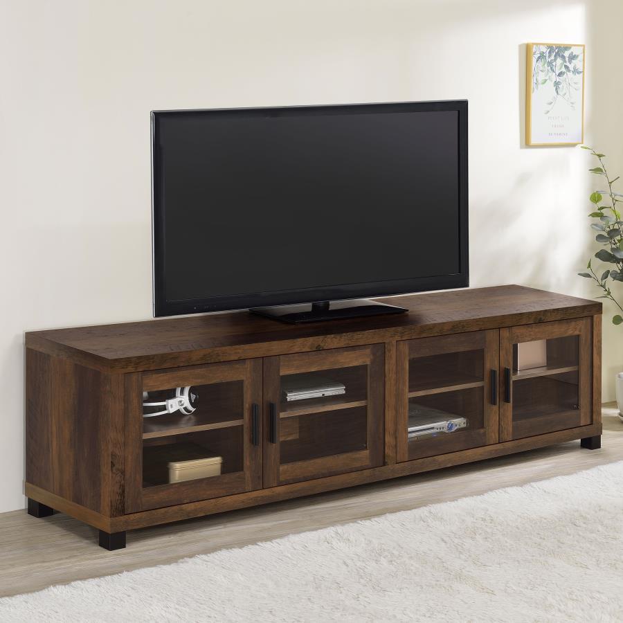Elevate your entertainment space with this 79-inch TV stand, blending contemporary design with functional storage. Its dark pine finish exudes warmth, while the glass-paneled cabinet doors add a refined touch. Adjustable shelves provide ample space for me