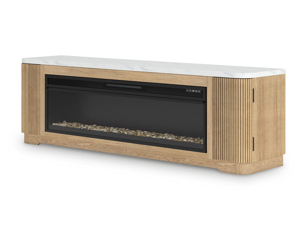 Elegance meets earthy charm in this TV stand with electric fireplace. Crafting a contemporary living room? The faux marble top expertly pairs with the reeded base for a trend-right take on day-to-day function. Open shelving and subtly integrated storage c