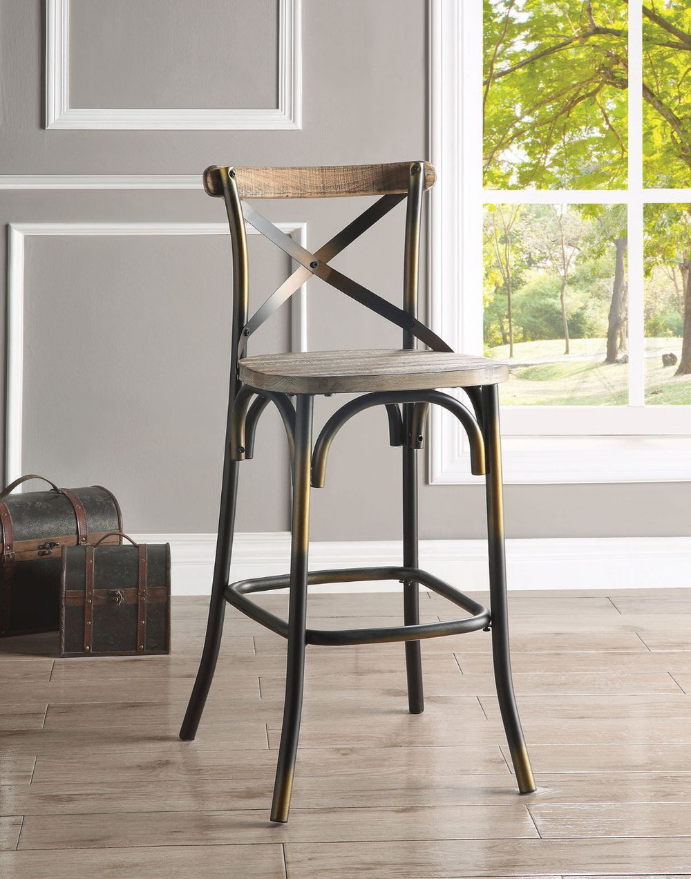 The Zaire collection chairs offer a vintage style bar chairs. It Features: reclaimed wood and metal looks, simple -"X-" style backrest, wooden seat, slightly flared four-legged base with footrest supports. Available in Antique Red, Antique Turquoise, Anti