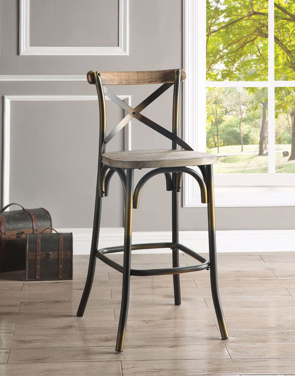 The Zaire collection chairs offer a vintage style bar chairs. It Features: reclaimed wood and metal looks, simple -"X-" style backrest, wooden seat, slightly flared four-legged base with footrest supports. Available in Antique Red, Antique Turquoise, Anti